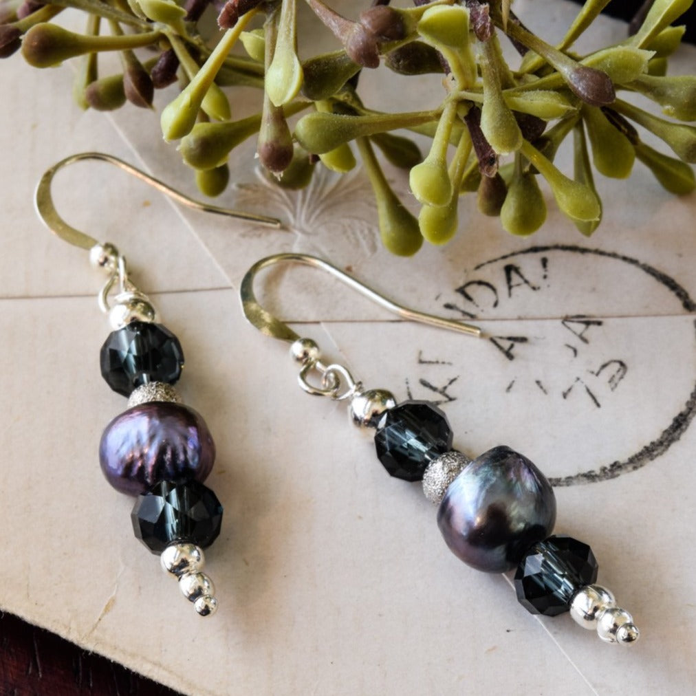 Basics, Prussian Blue Pearls And Crystals Dangle Earrings