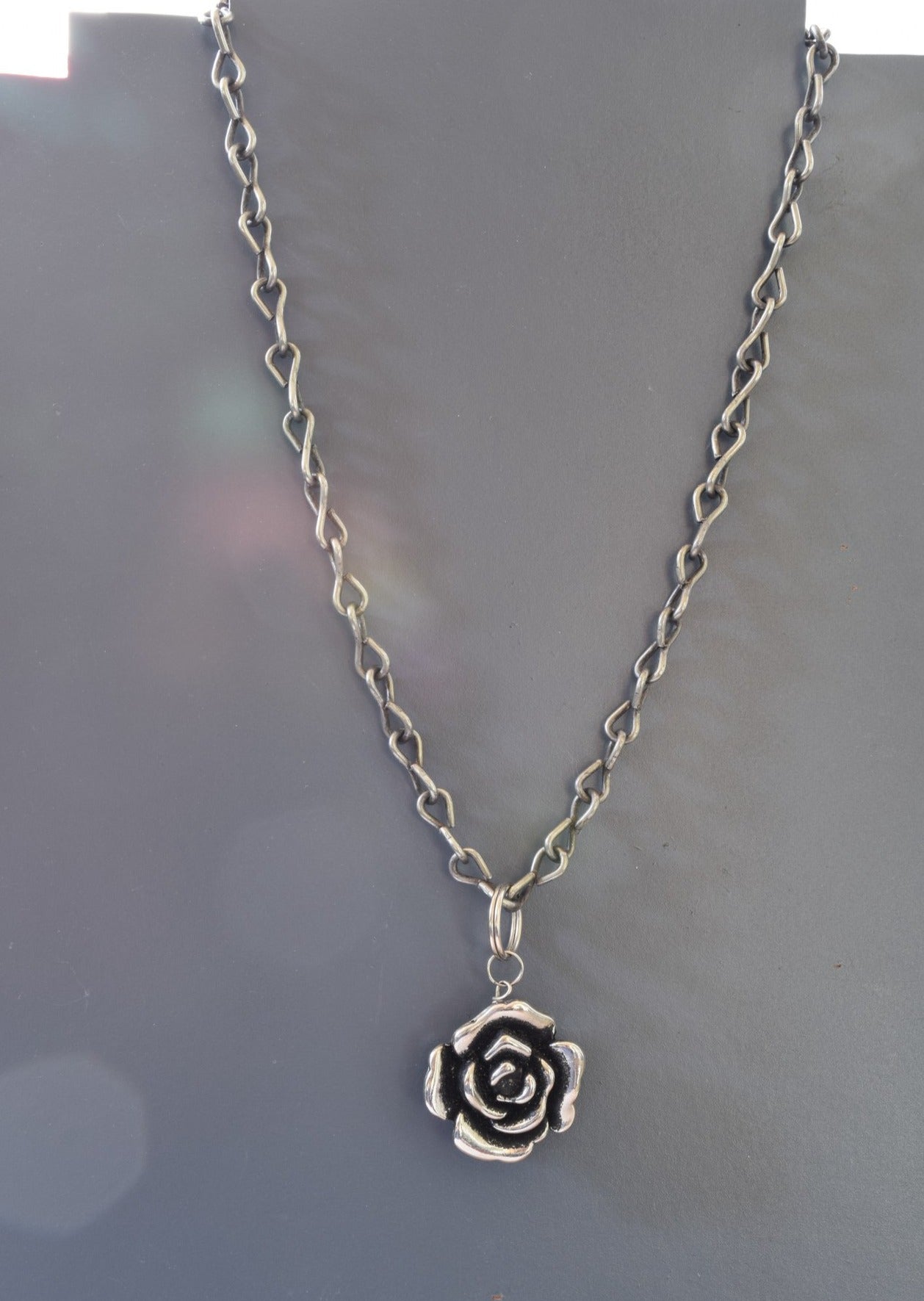 Steel Chain, Patinaed Steel Chain Necklace with Silver Rose