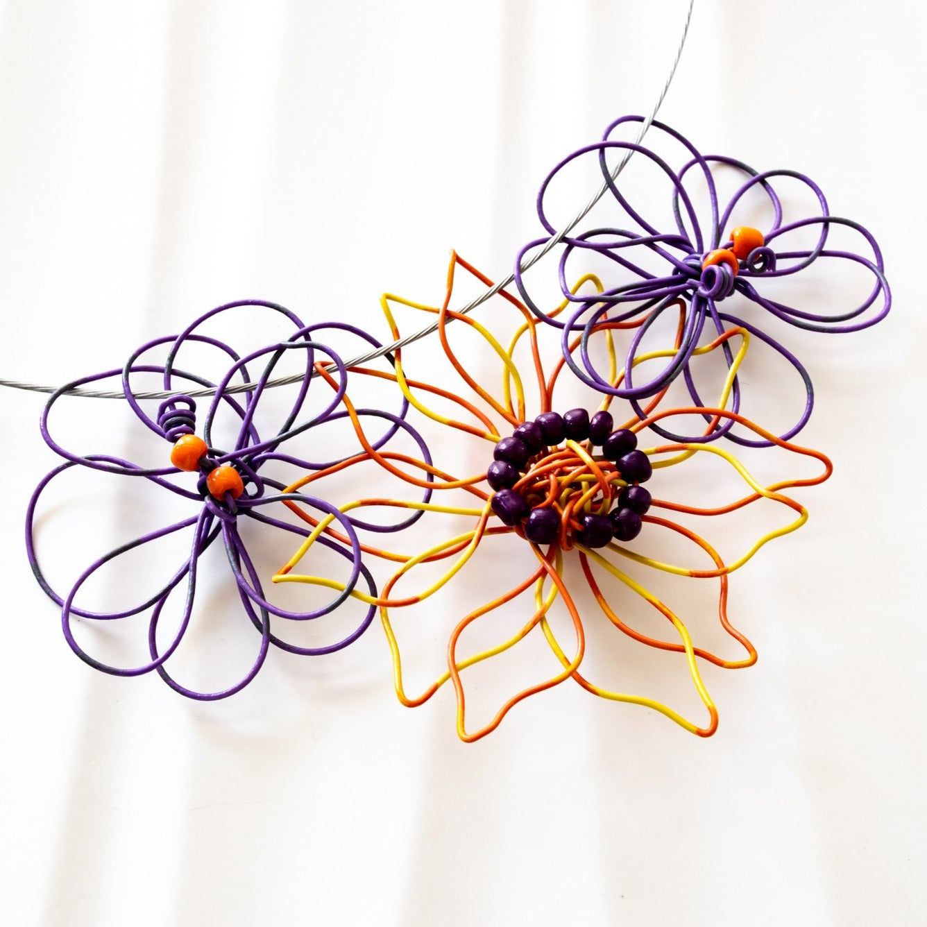 Blooms, Summer Bouquet of Three Violet/Green, and Yellow/Orange Flowers, Necklace