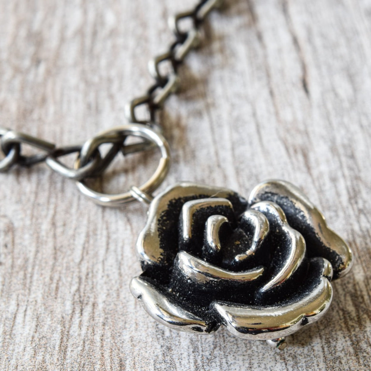 Steel Chain, Patinaed Steel Chain Necklace with Silver Rose