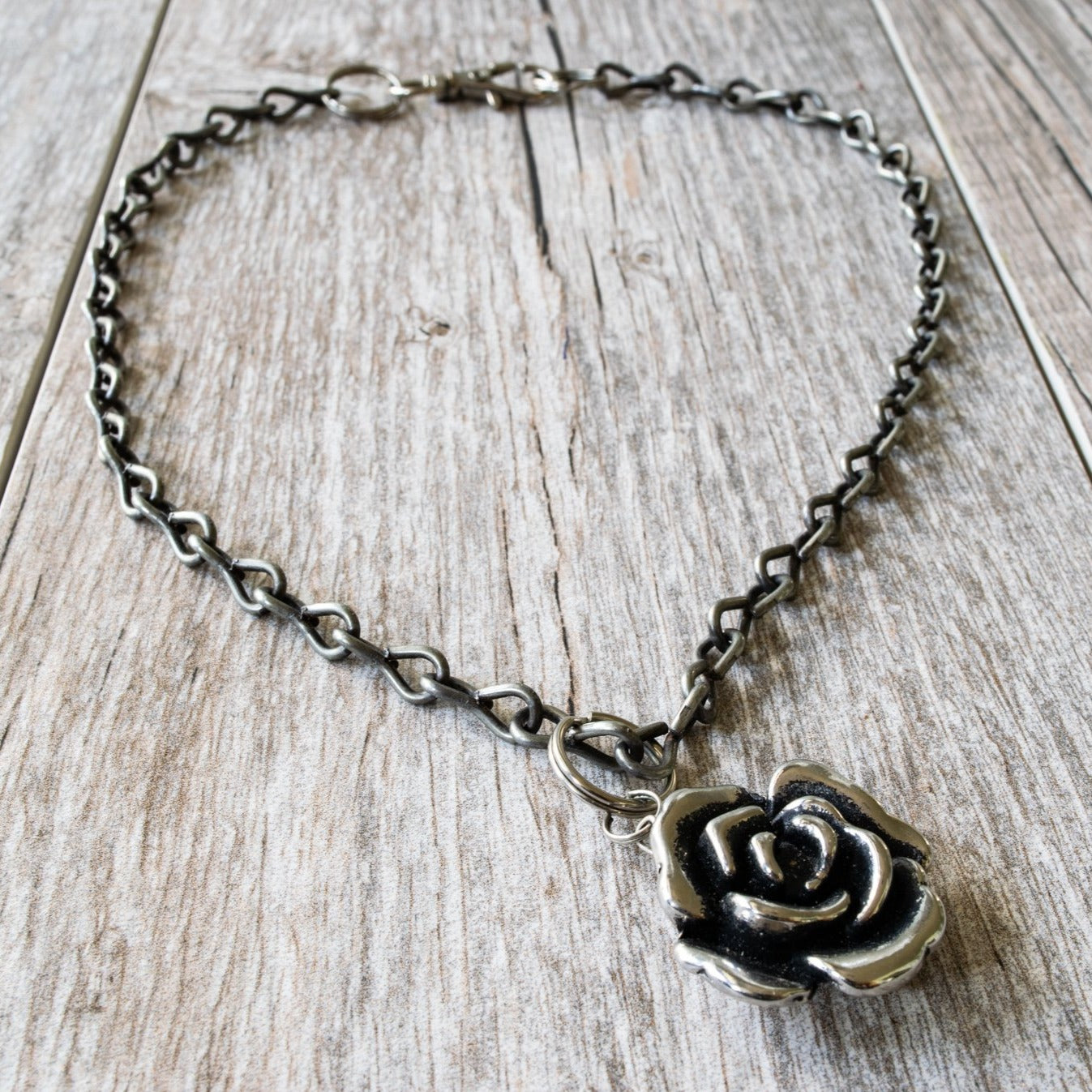 Steel Chain, Patinaed Steel Chain Necklace with Silver Rose