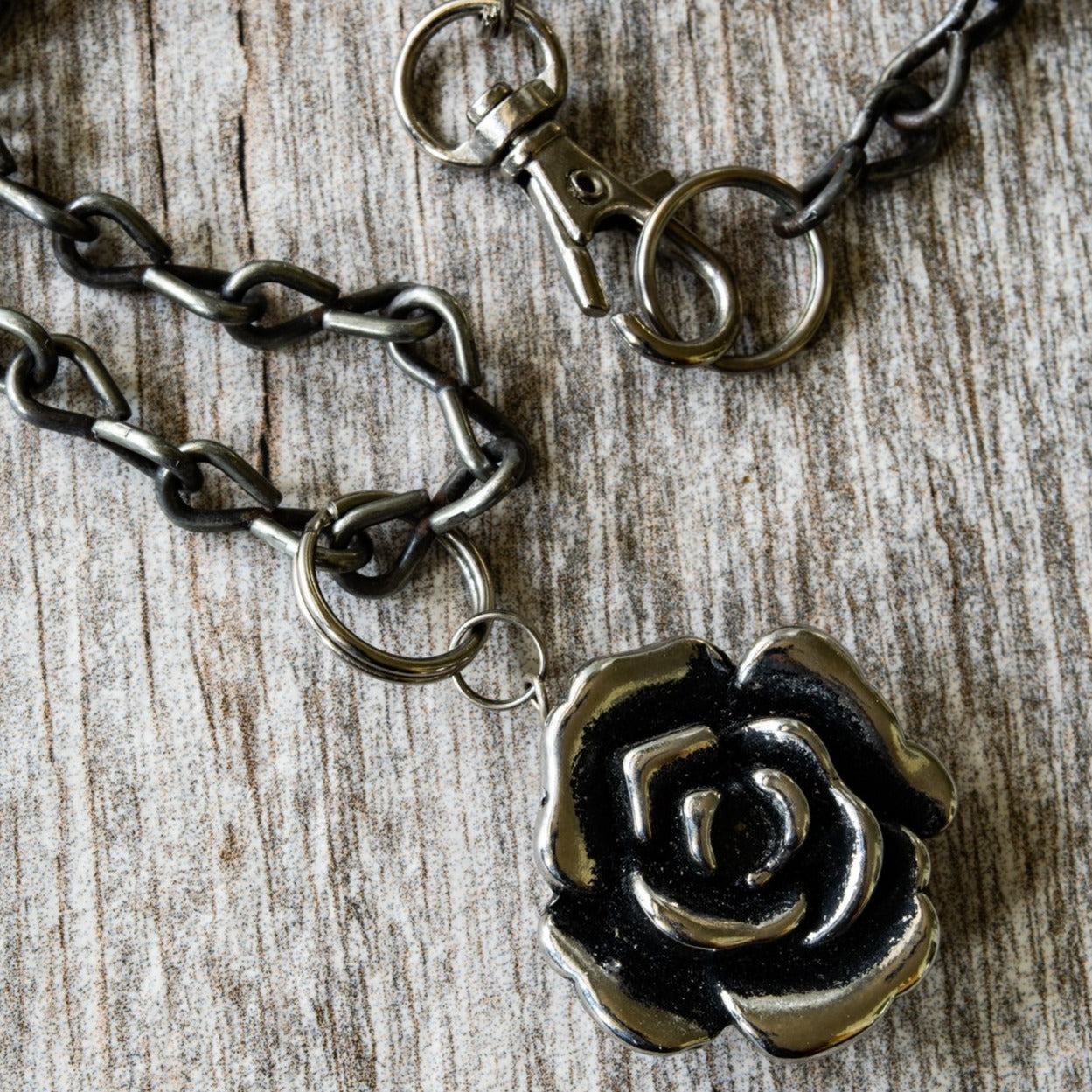 Steel Chain, Patinaed Steel Chain Necklace with Silver Rose