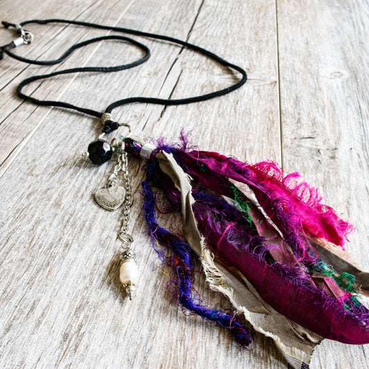 Silk Road, Adjustable Leather Necklace with a Purple Silk Tassel, Silver Heart and Pearl