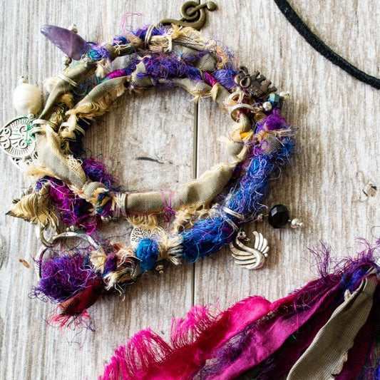 Silk Road, Double Wrap Sari Silk Bracelet, or Necklace with Blue, Purple, and Cream Colors