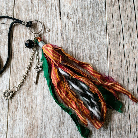 Silk Road 31''  Adjustable leather necklace with a silk tassel emerald red orange flower and key charm