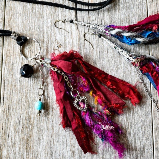 Silk Road, Adjustable Leather Necklace with a Fuchsia Silk Tassel, Amethyst, Silver Heart, and Turquoise Charms