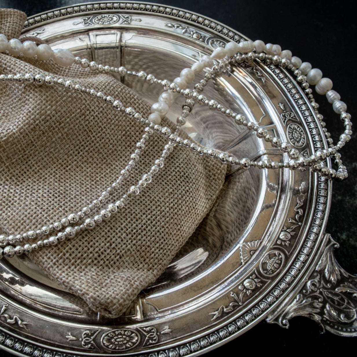 detail of  Sophisticated 36'' Necklace with Fresh Water Pearls and Silver Beads