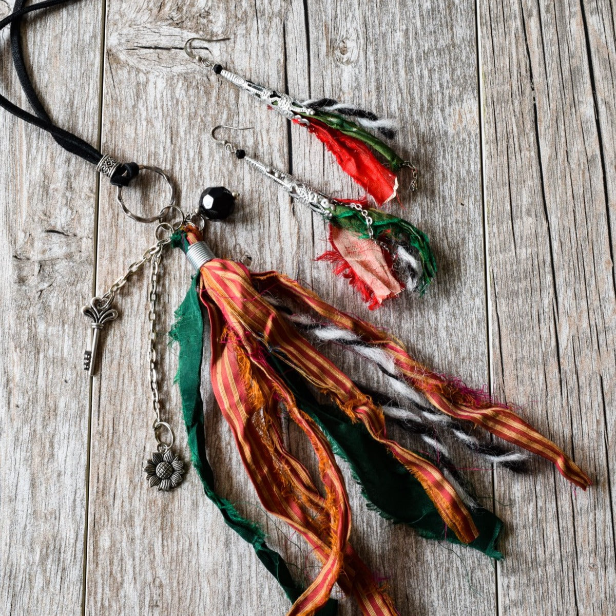 Silk Road, Sari Silk Dangle Earrings with Four Colors -  Red, Emerald Green, Black, and White