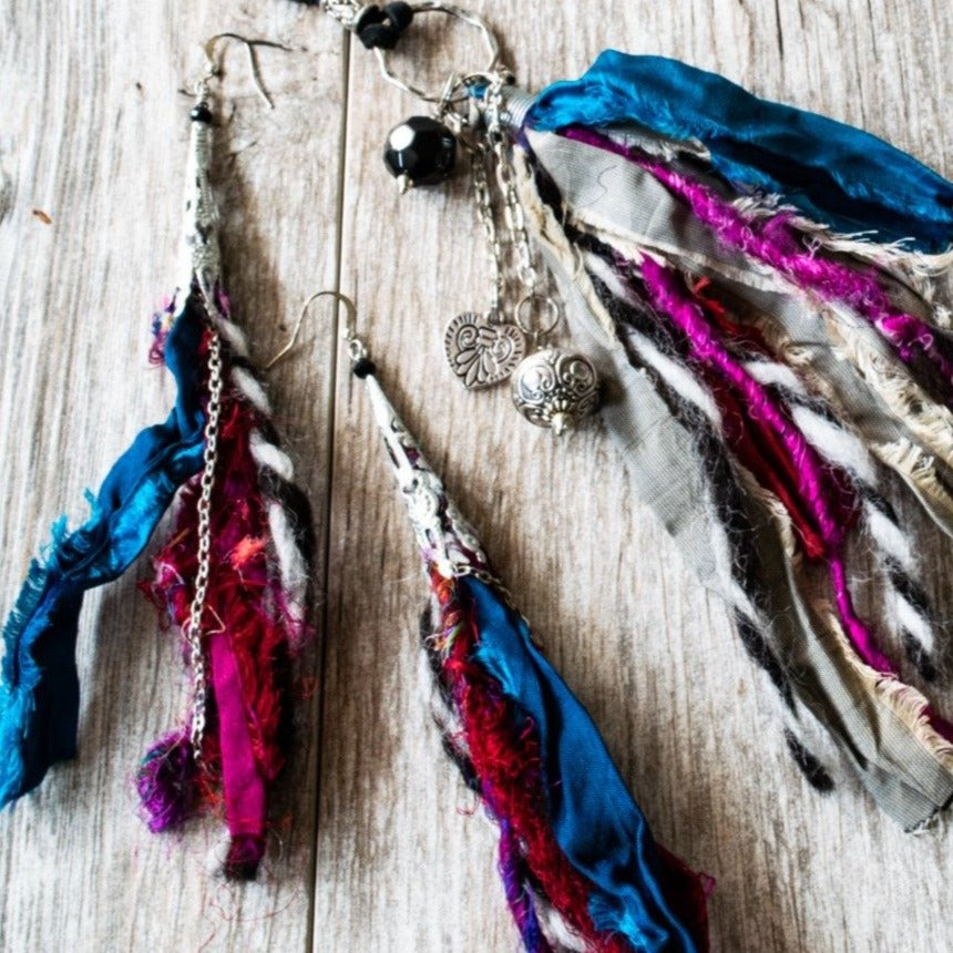 Silk Road, Sari Silk Dangle Earrings with Four Colors - Burgundy, Blue, Black, and White