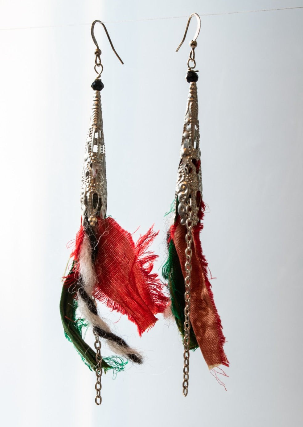 Silk Road, Sari Silk Dangle Earrings with Four Colors -  Red, Emerald Green, Black, and White