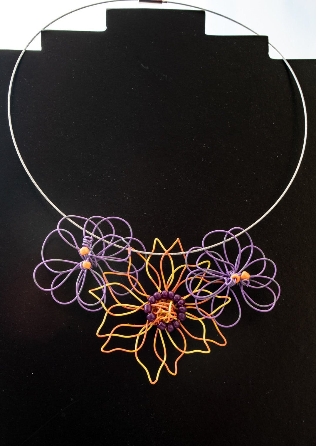 Blooms, Summer Bouquet of Three Violet/Green, and Yellow/Orange Flowers, Necklace