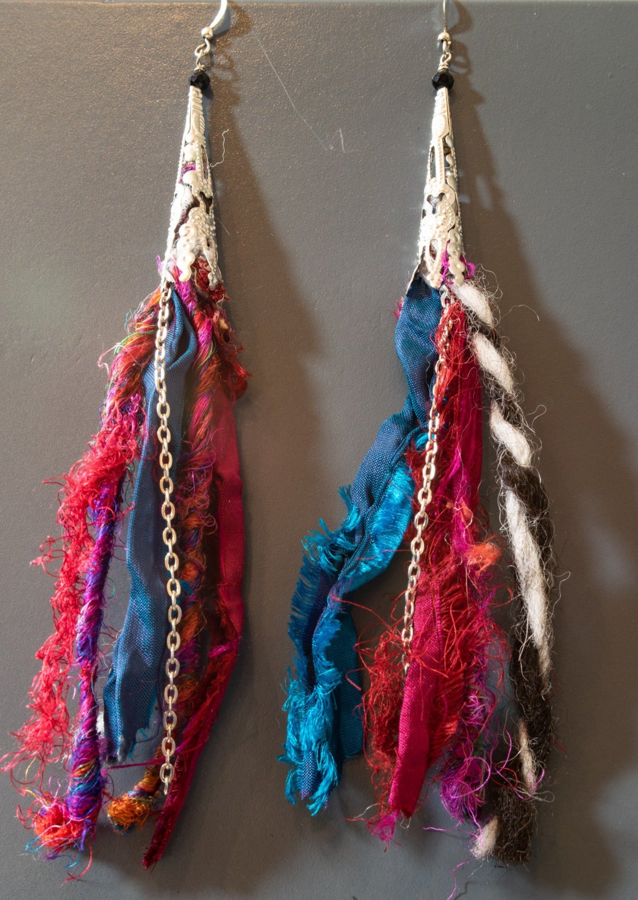 Silk Road, Sari Silk Dangle Earrings with Four Colors - Burgundy, Blue, Black, and White