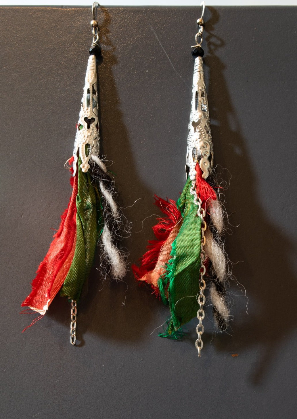 Silk Road, Sari Silk Dangle Earrings with Four Colors -  Red, Emerald Green, Black, and White