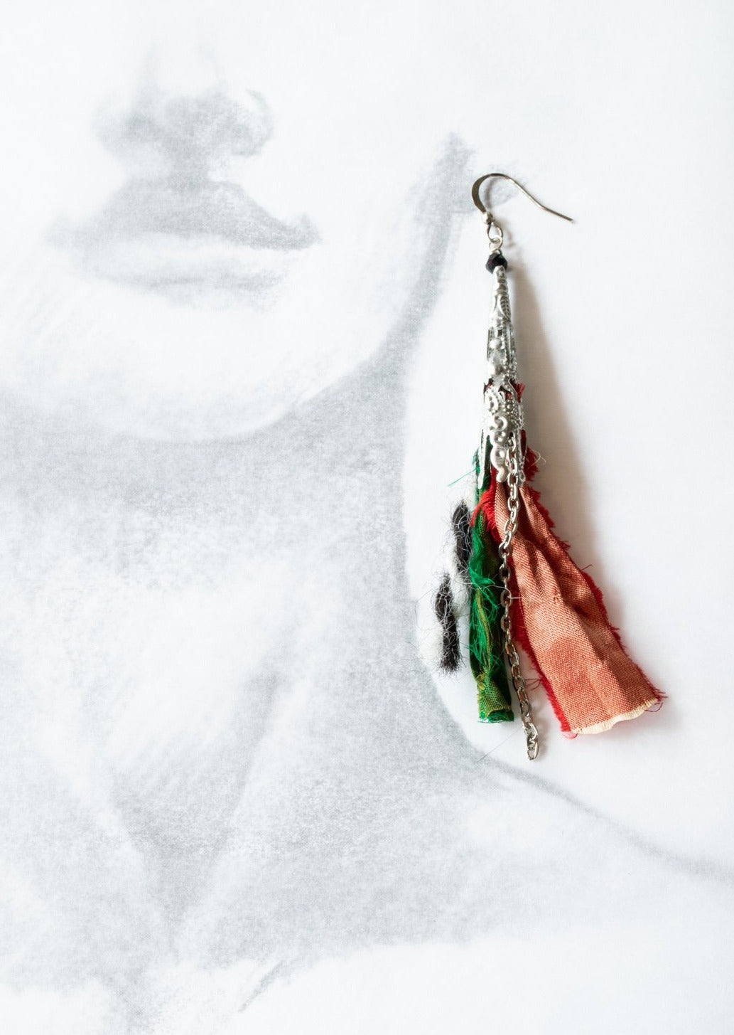 Silk Road, Sari Silk Dangle Earrings with Four Colors -  Red, Emerald Green, Black, and White