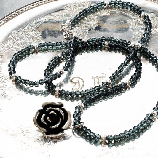 Expressions in Jewels, Necklace with Faceted Prussian Blue Crystals and a Silver Rose Pendant