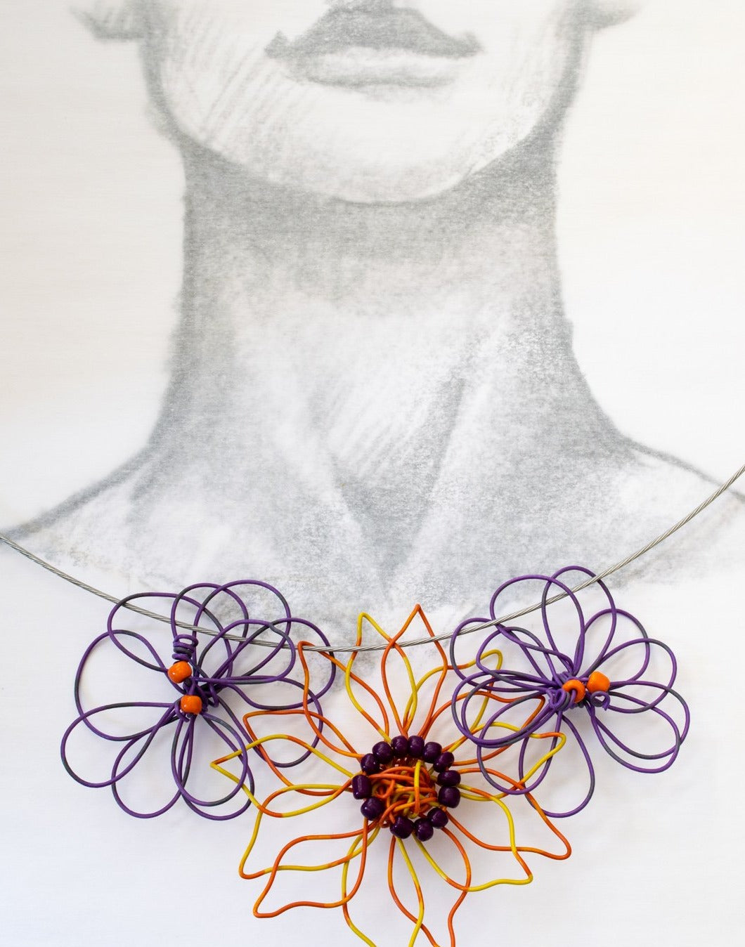 Blooms, Summer Bouquet of Three Violet/Green, and Yellow/Orange Flowers, Necklace