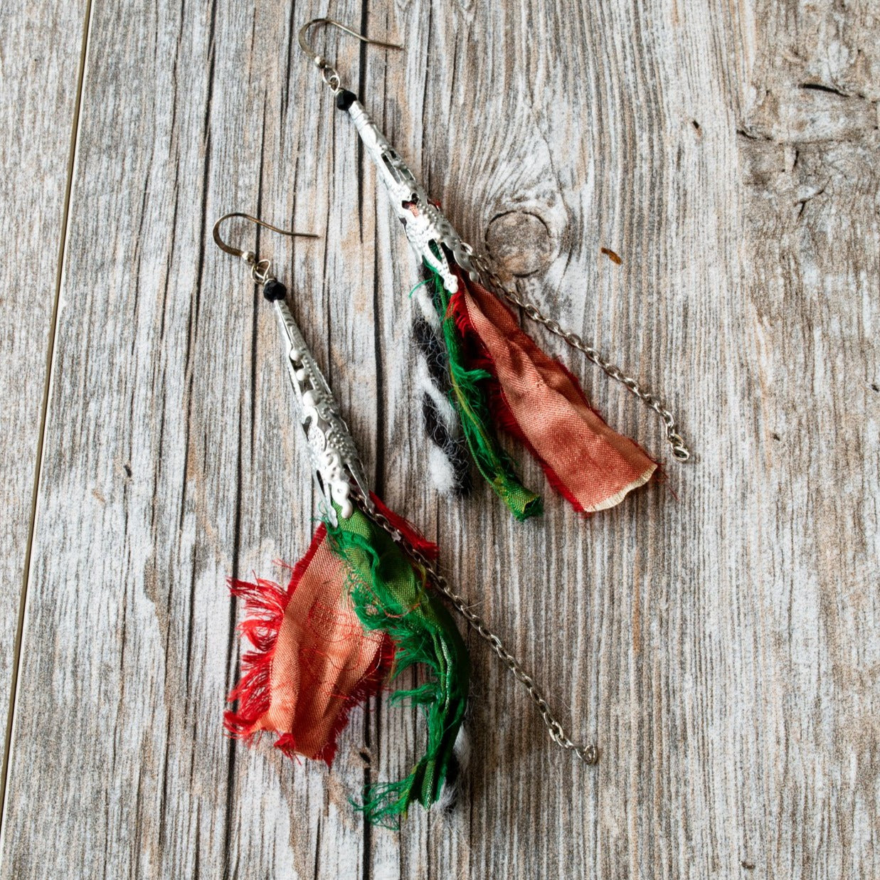 Silk Road, Sari Silk Dangle Earrings with Four Colors -  Red, Emerald Green, Black, and White