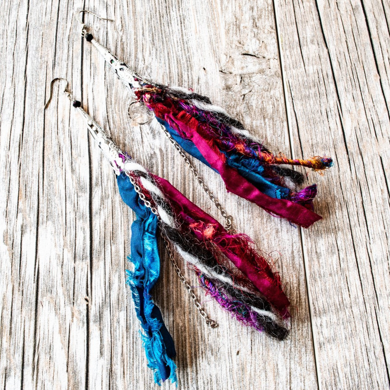 Silk Road, Sari Silk Dangle Earrings with Four Colors - Burgundy, Blue, Black, and White