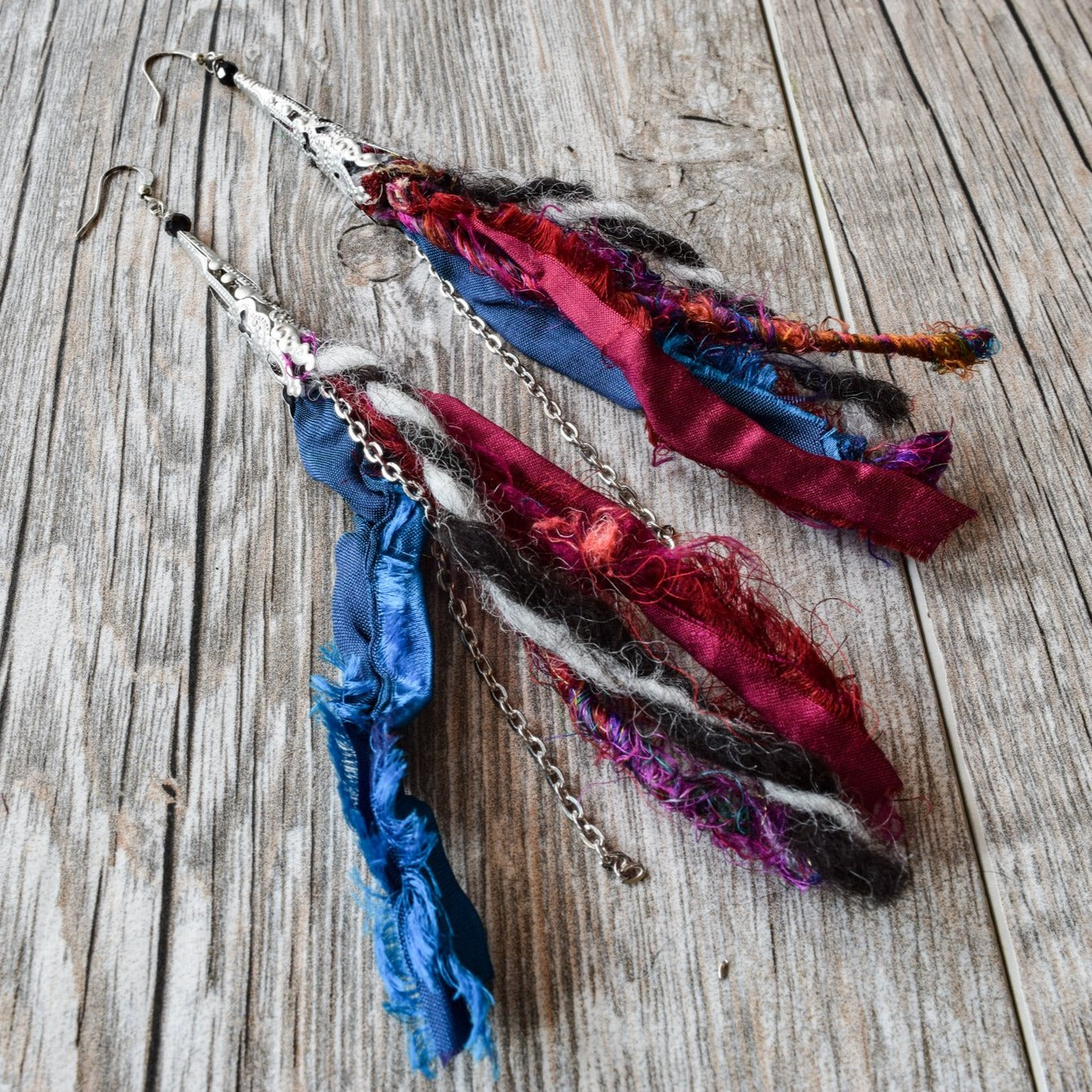 Silk Road, Sari Silk Dangle Earrings with Four Colors - Burgundy, Blue, Black, and White