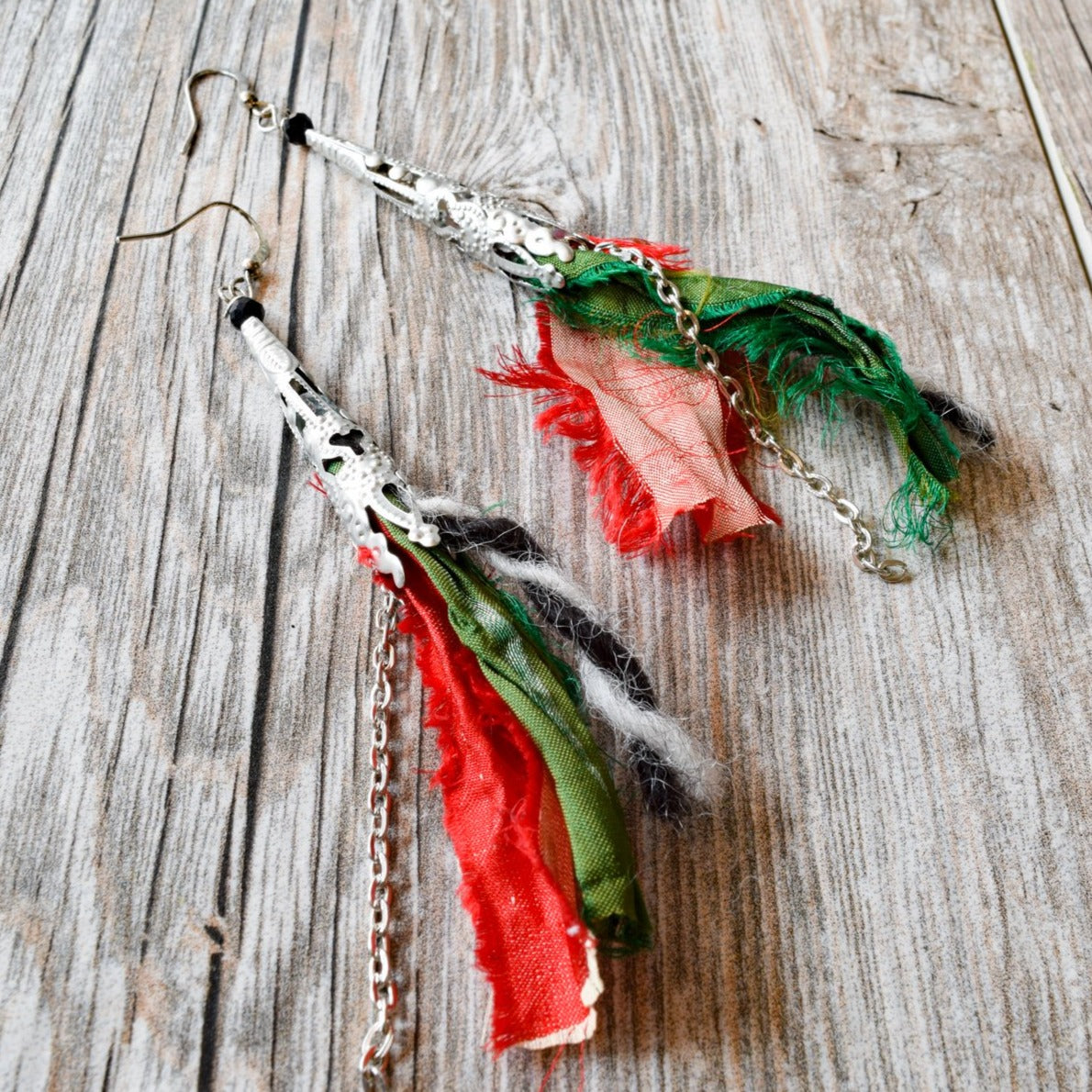 Silk Road, Sari Silk Dangle Earrings with Four Colors -  Red, Emerald Green, Black, and White