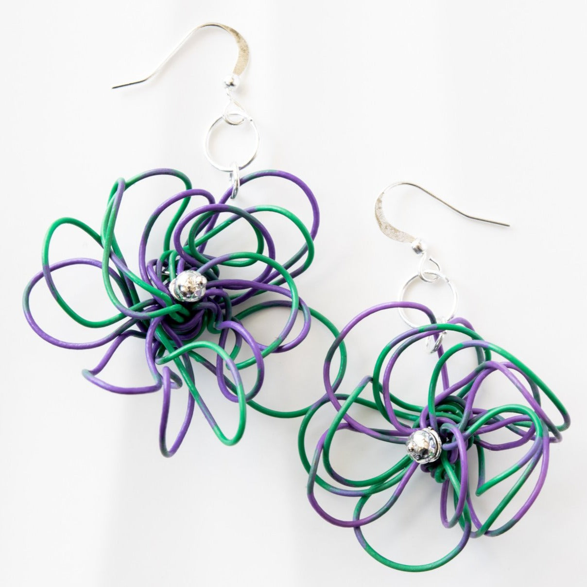 Blooms, Spring Mums Violet and Green Dangle Earrings