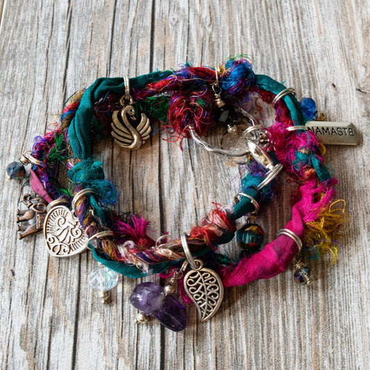 Silk Road, Triple  Wrap Bracelet or Necklace with Mixed Jewel Tones