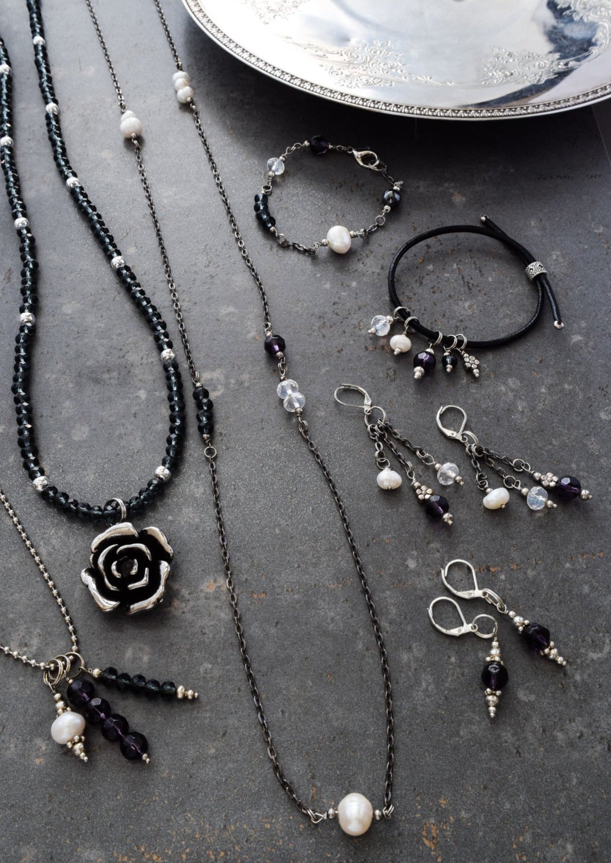 Expressions in Jewels, Necklace with Faceted Prussian Blue Crystals and a Silver Rose Pendant