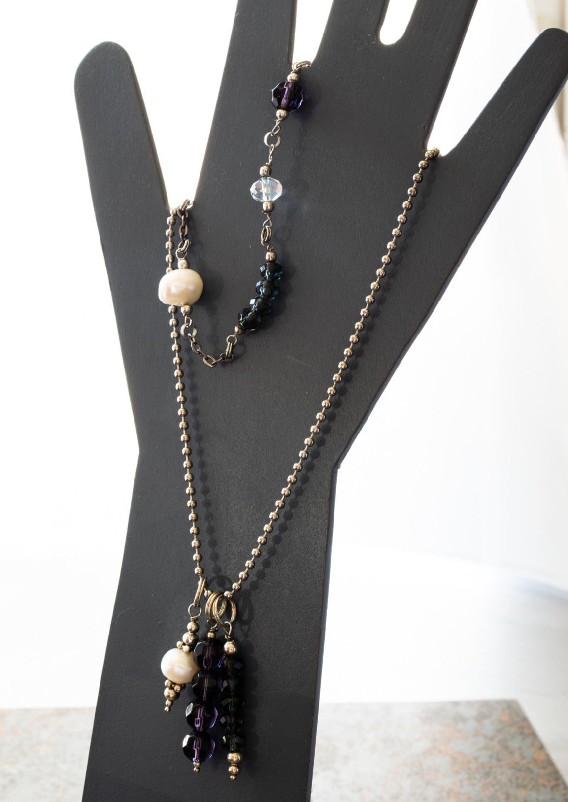 Expressions in Jewels, Bracelet with Gunmetal Chain and links of Faceted Persian Blue, Electroplated Crystals, Hematite, and Fresh-Water Pearls