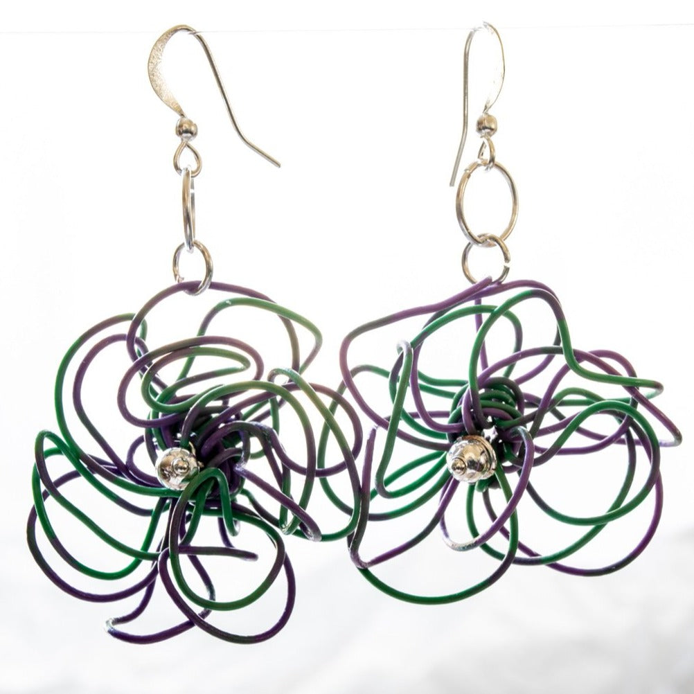 Blooms, Spring Mums Violet and Green Dangle Earrings