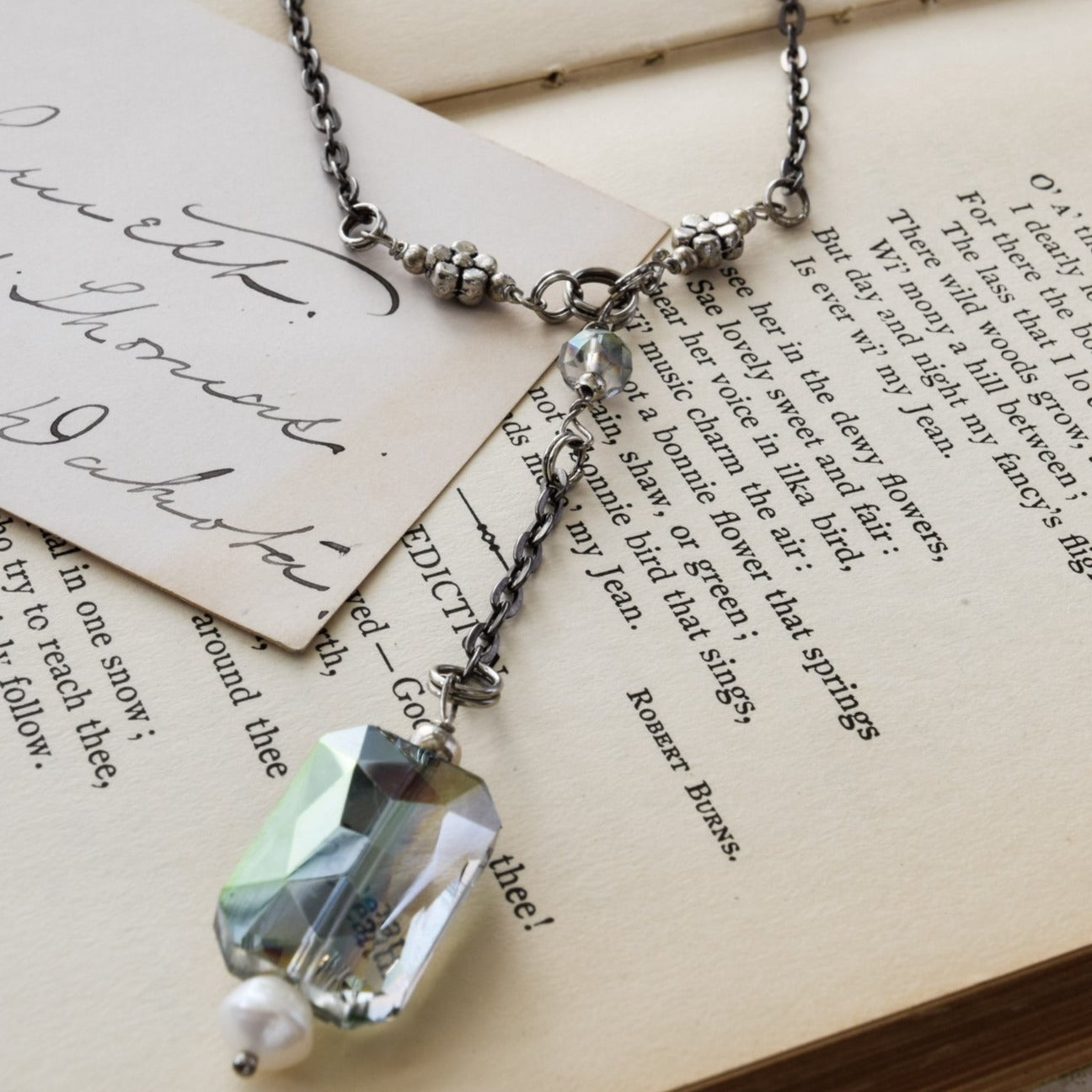 Expressions in Blue, Gunmetal Chain Necklace, with Emerald Cut Crystal Pendant