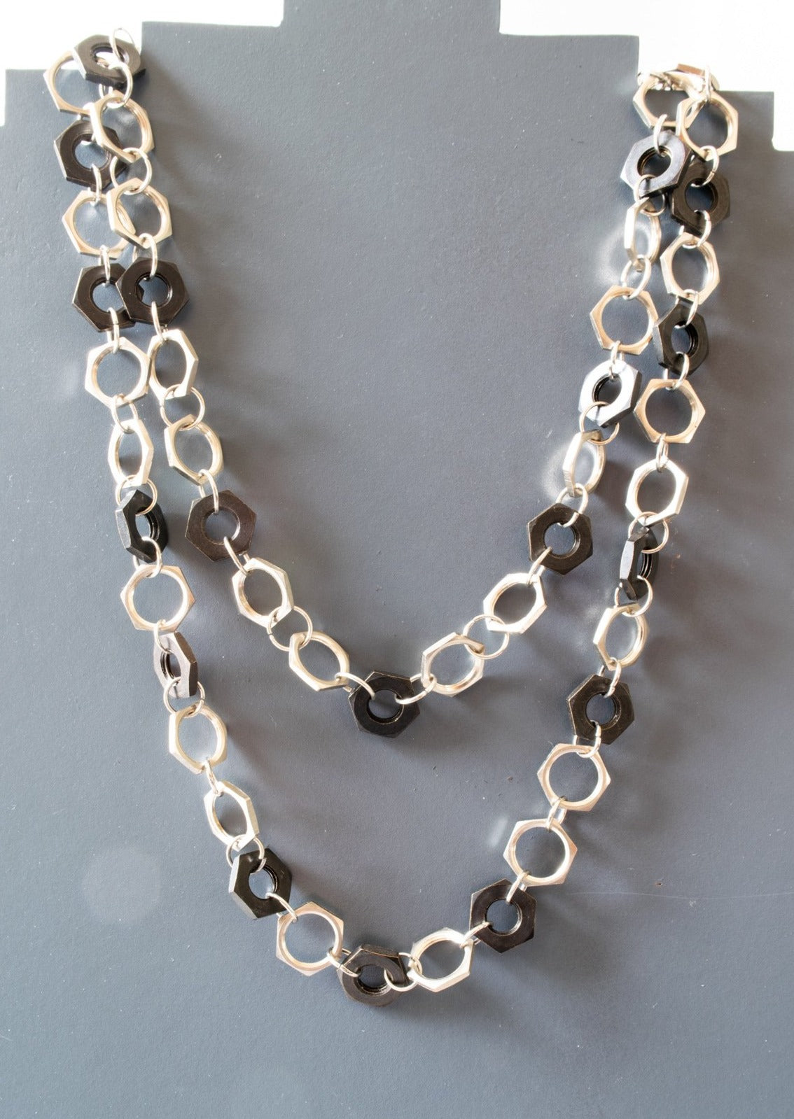 Parts, Black and Silver Steel Nuts Necklace