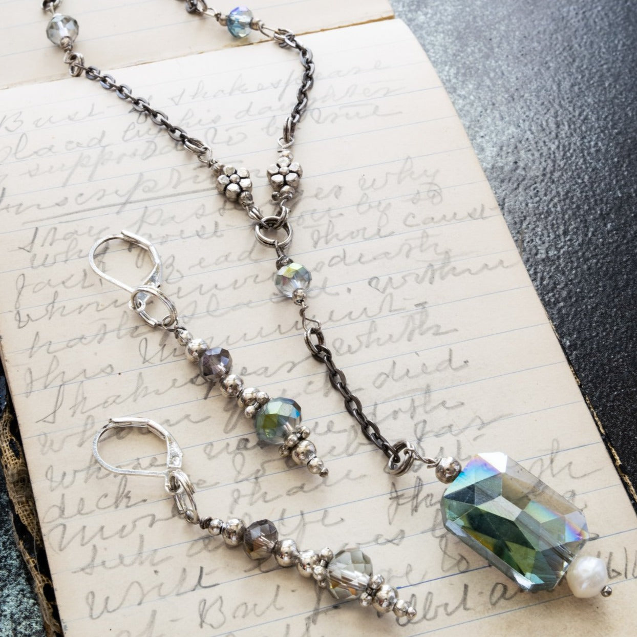 Expressions in Blue, Gunmetal Chain Necklace, with Emerald Cut Crystal Pendant