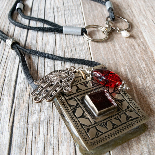 Soft Surrounds, Natural Black Leather Adjustable Necklace with a Vintage Moroccan Pendant and Ruby Red Vintage Glass