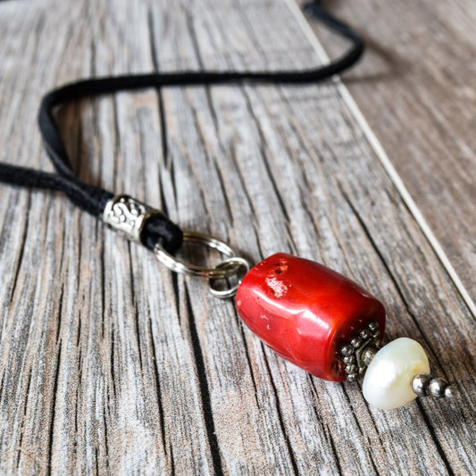 Soft Surrounds, Adjustable Black Leather Necklace with Red Coral and Pearl Pendant