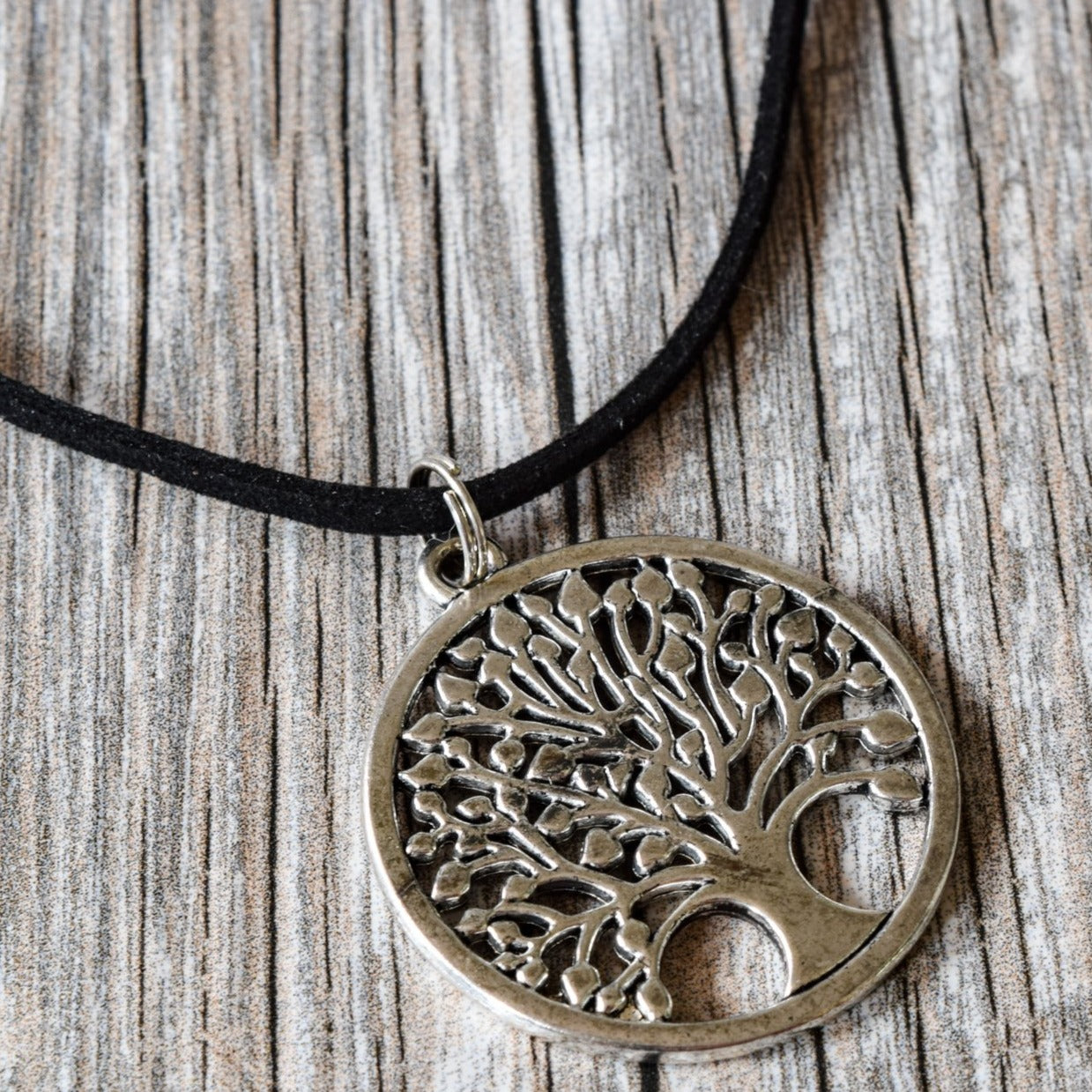 Woodlands, Silver Tree of Life Pendant on a Black Faux Leather Cord Necklace