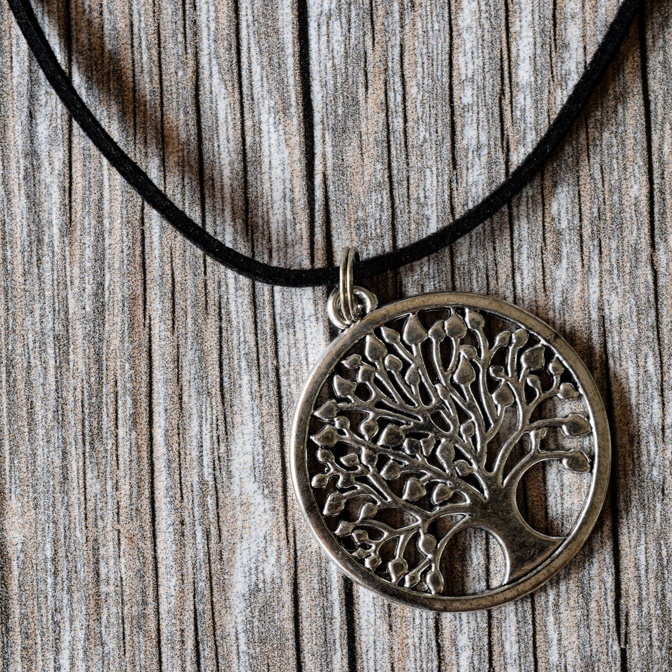 Woodlands, Silver Tree of Life Pendant on a Black Faux Leather Cord Necklace