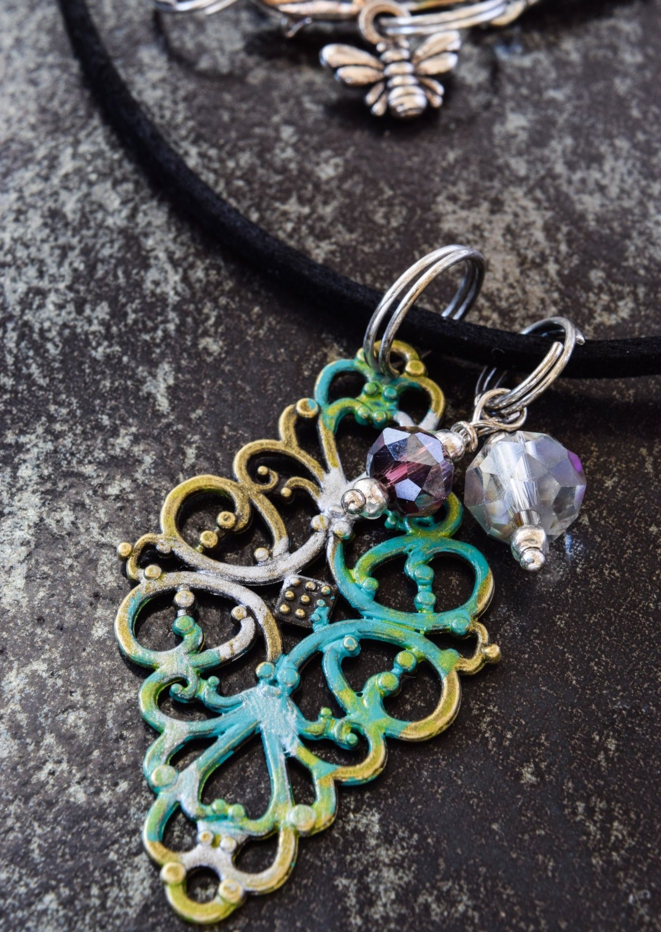 Filigree, Diamond Drop Pendant Necklace with Peacock Paint and Crystals on Faux Leather Cord