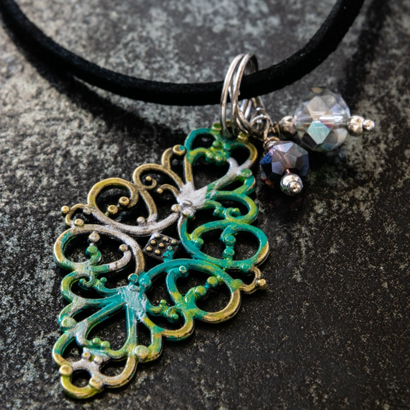 Filigree, Diamond Drop Pendant Necklace with Peacock Paint and Crystals on Faux Leather Cord