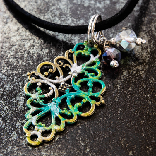 Filigree, Diamond Drop Pendant Necklace with Peacock Paint and Crystals on Faux Leather Cord