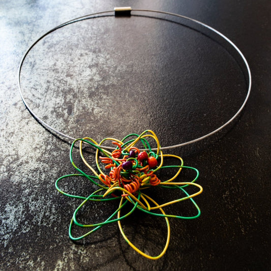 Blooms, Summer Green and Yellow Single Bloom Wild Flower with Orange Stamens Necklace