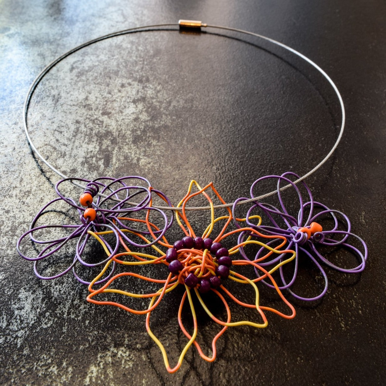 Blooms, Summer Bouquet of Three Violet/Green, and Yellow/Orange Flowers, Necklace