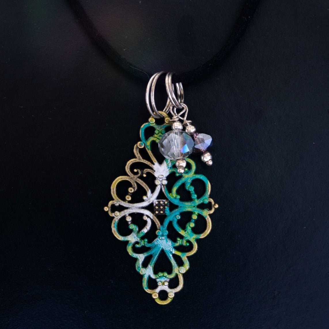 Filigree, Diamond Drop Pendant Necklace with Peacock Paint and Crystals on Faux Leather Cord