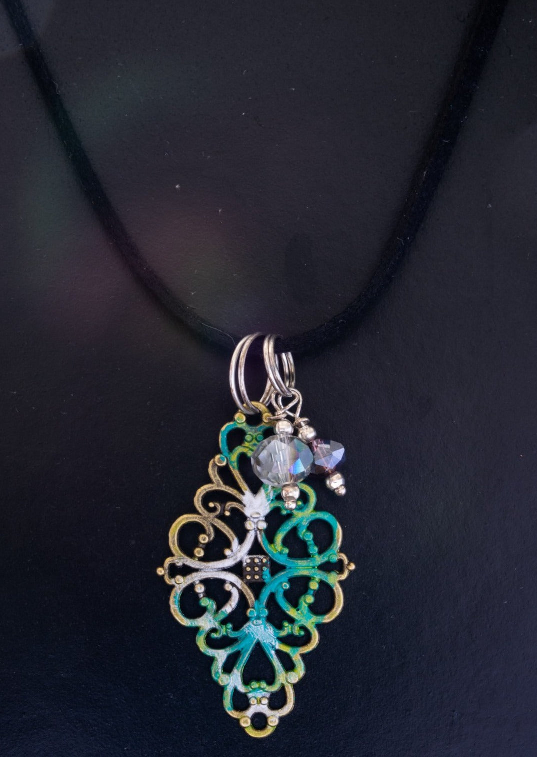 Filigree, Diamond Drop Pendant Necklace with Peacock Paint and Crystals on Faux Leather Cord