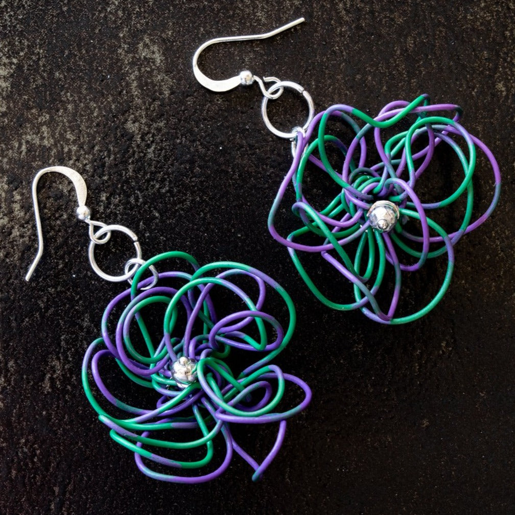 Blooms, Spring Mums Violet and Green Dangle Earrings