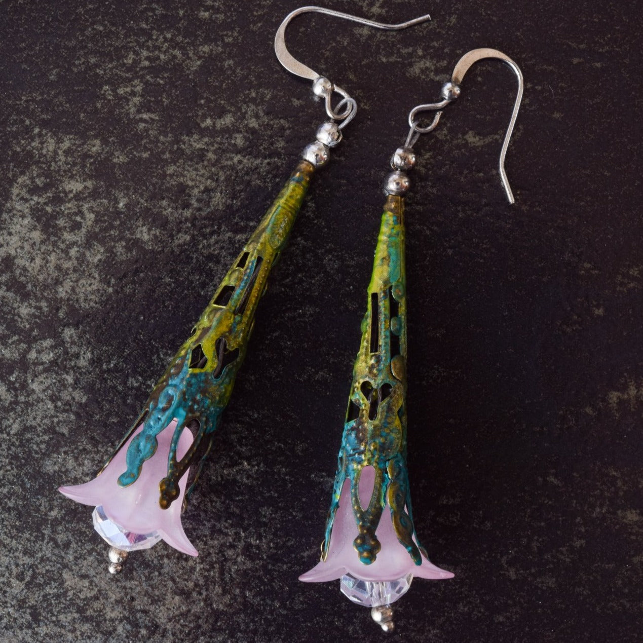 Filigreed dangle pink bell earrings