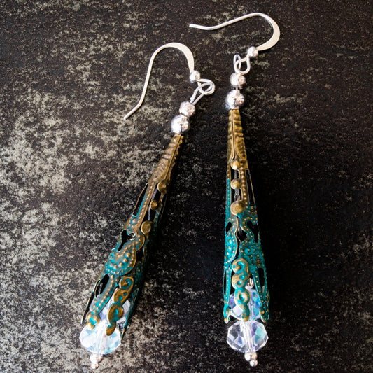 Filigree, Floral Bud Water Droplets Dangle Earrings