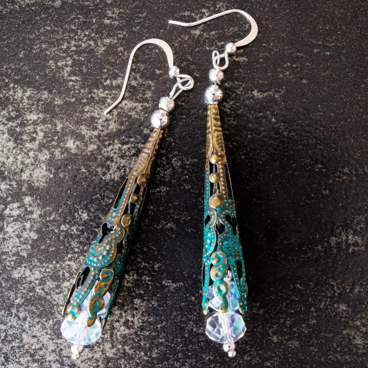 Filigree, Floral Bud Water Droplets Dangle Earrings