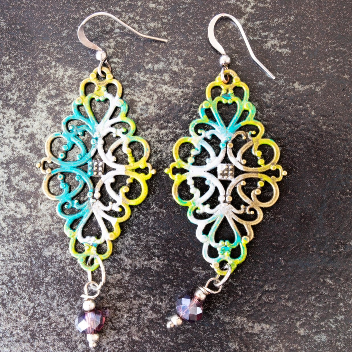 Filigree, Diamond Shaped Dangle Earrings with Lavender Crystal