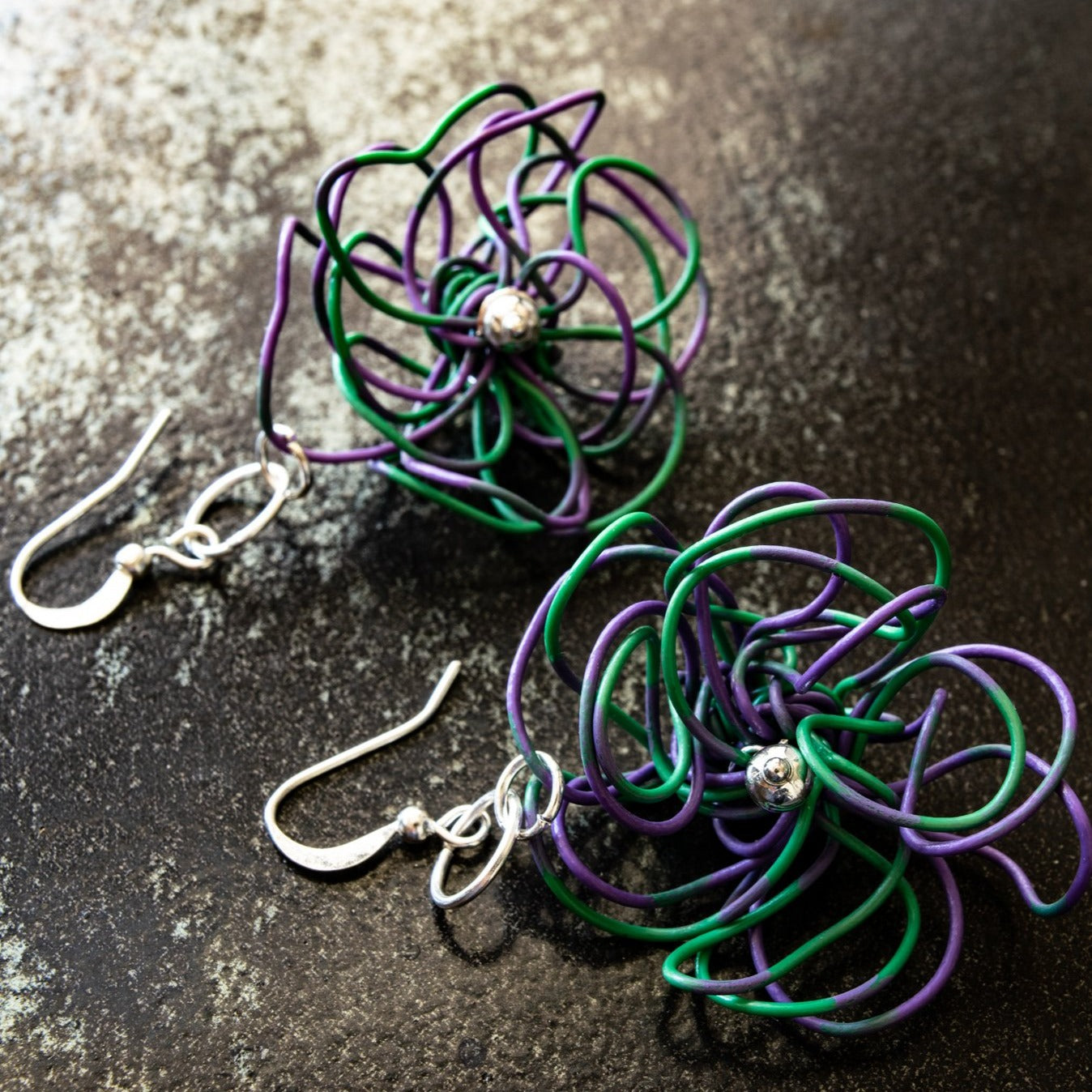 Blooms, Spring Mums Violet and Green Dangle Earrings