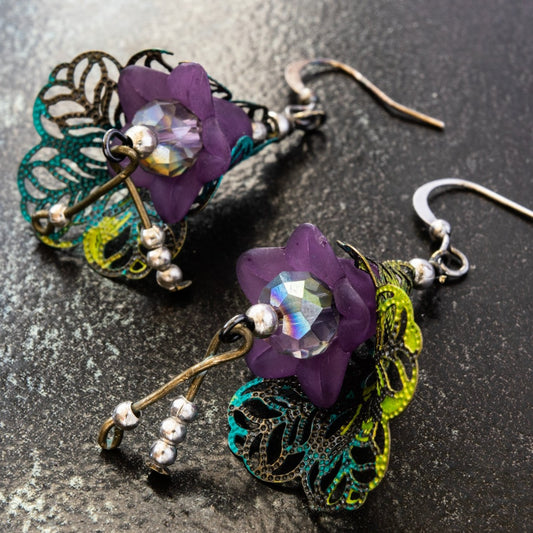 Filigree, Purple Drops with Peacock Finish Earrings